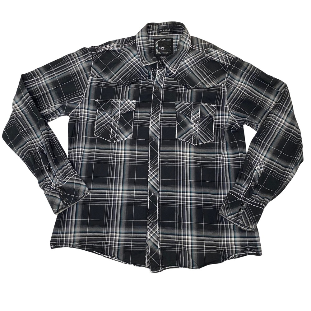BKE Men's XL Black Gray Plaid Western Snap Shirt Slim Fit Stretch Cotton